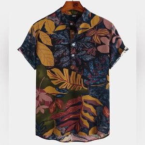 Alovha Floral & Plant Pullover Hawaiian Henley Shirt - Men’s Large